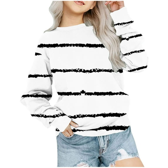 GigrtiJin Girls Plus Size Sweatshirt Kids Crewneck Long Sleeve Striped Blouse Fashion Casual Loose Pullover Tops