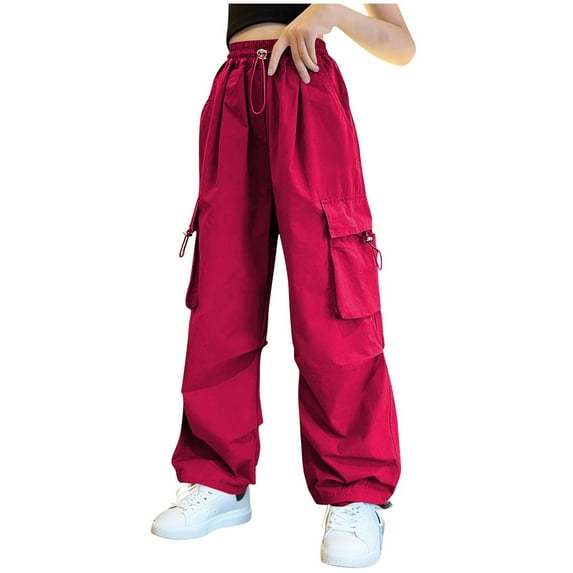GigrtiJin Girls Teenager Cargo Pants Solid Color Elastic Waisted Drawstring Multipocket Wide Leg Pants Sport Pants