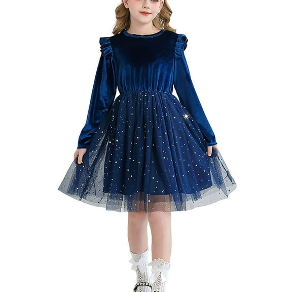 GigrtiJin Girls Velvet Dress Solid Color Crew Neck Ruffled Long Sleeve Glitter Tulle Lace Princess Dress Trendy Elegant Gown