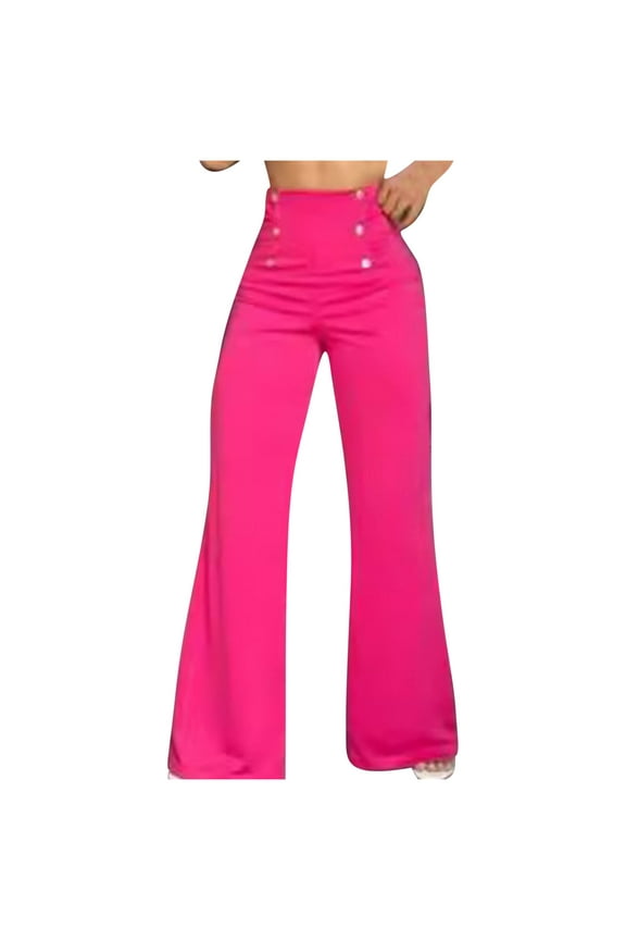 High Waist Flared Pants for Women Solid Color Slim Wide Leg Tummy Pant Workout Yoga Casual Button Trouser