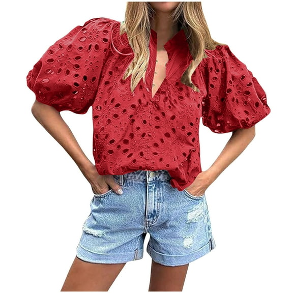 GigrtiJin Hollow out Lace Puff Sleeve Shirts for Women Summer Casual Button down Top Embroidered V Neck Blouses
