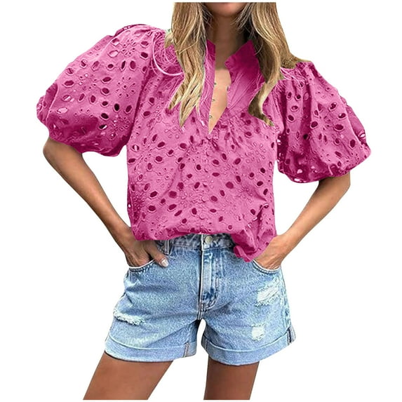 GigrtiJin Hollow out Lace Puff Sleeve Shirts for Women Summer Casual Button down Top Embroidered V Neck Blouses