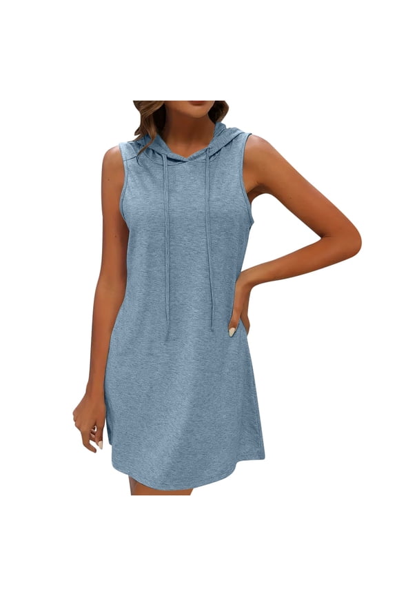 Hoodie Dress for Women Drawstring Sports Casual Solid Color Sleeveless Slim Fashion Casual Hooded Dresses