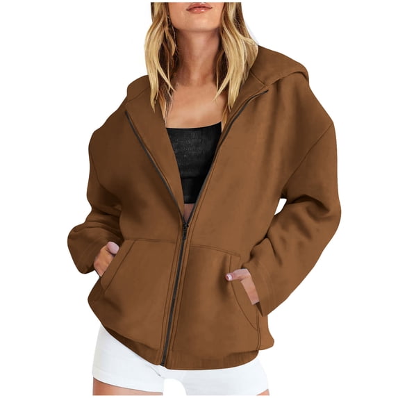 GigrtiJin Hoodies Sweatshirt for Womens Full-Zip Long Sleeve Tops Trendy Comfy Solid Color Blouses with Pockets