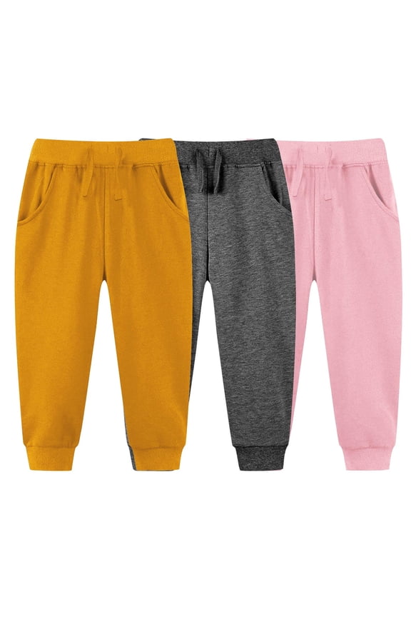 Infant Baby Children's Sweatpants Solid Color Elastic Waisted Drawstring Athletic Pants with Pocket 1-7 Years 3 Pack