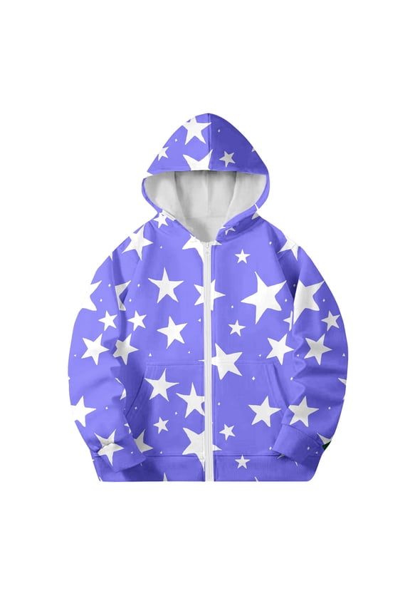 Kid's Hoodies Star-Printed Hooded Full Zippper Jacket with Pocket Trendy Casual Athletic Outwear