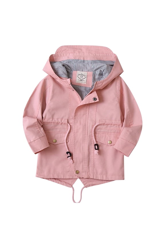 Kids Fall Winter Hooded Jacket Drawstring Zip up Button Solid Color Warm Casual Loose Padded Coat with Pockets