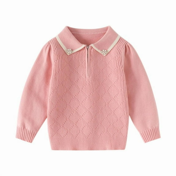 GigrtiJin Knit Sweater for Kids Solid Color Turndown Collar Long Sleeve 1/4 Zipper Ribbed Quilted Cotton Tops Cute Warm Shirt