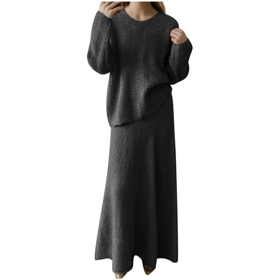 GigrtiJin Knitted Outfits for Women Long Sleeve Crewneck Pullover Sweater and Midi A-Line Skirt Elegant 2 Piece Sets