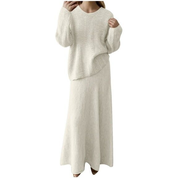GigrtiJin Knitted Outfits for Women Long Sleeve Crewneck Pullover Sweater and Midi A-Line Skirt Elegant 2 Piece Sets