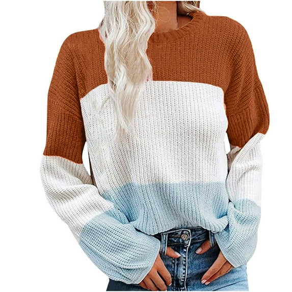 GigrtiJin Knitted Sweaters for Women Plus Size Colorblock Long Sleeve Knit Blouse Comfy Casual Loose Sweater Tops