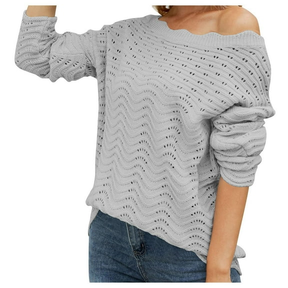 GigrtiJin Knitted Sweaters for Womens Long Sleeve Round Neck Hollow out Pullover Top Comfy Casual Loose Sweater Blouse