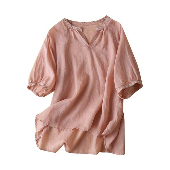 GigrtiJin Linen Tops for Womens Summer Dressy Casual Blouse Embroidery V Neck Shirts Short Sleeve Tunics