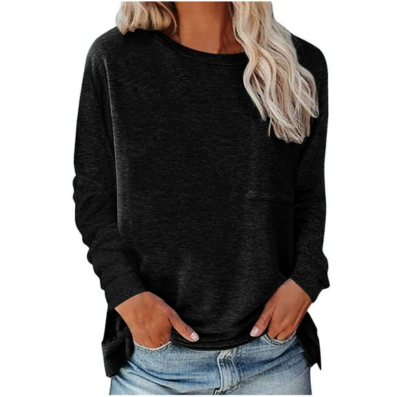 GigrtiJin Long Sleeve Casual Womens Shirts Round-Neck Pocket Solid Color Tops Going out Loose Comfy Basic Blouses