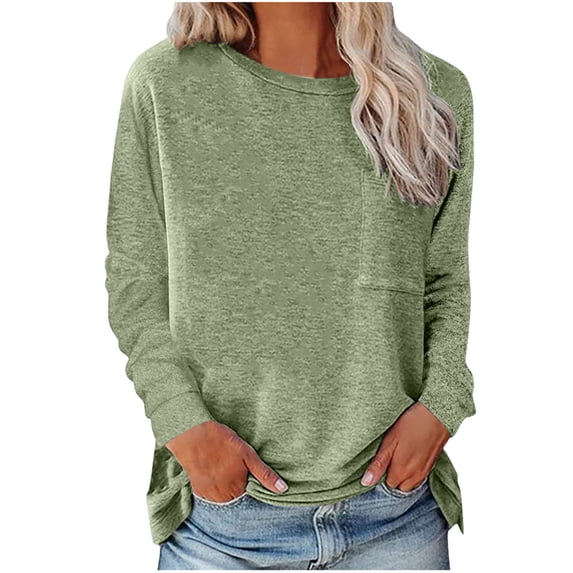 GigrtiJin Long Sleeve Casual Womens Shirts Round-Neck Pocket Solid Color Tops Going out Loose Comfy Basic Blouses