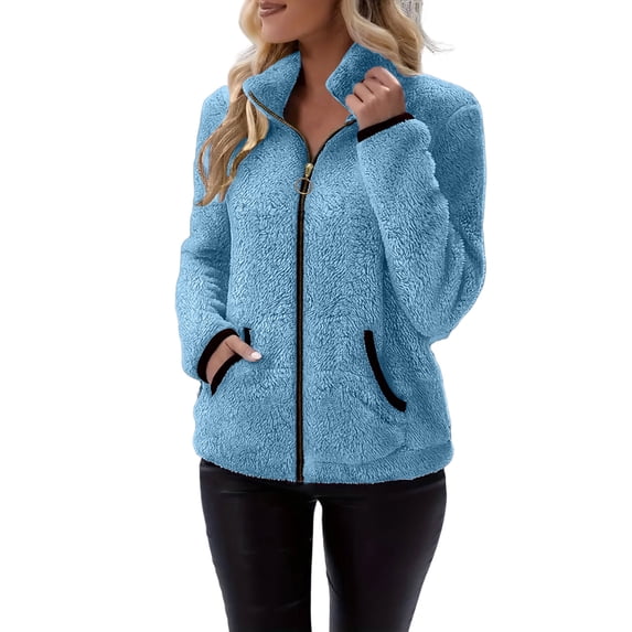GigrtiJin Long Sleeve Coats for Women Winter Fuzzy Collared Coats Zip up Casual Warm Soft Outdoor Coats with Pockets