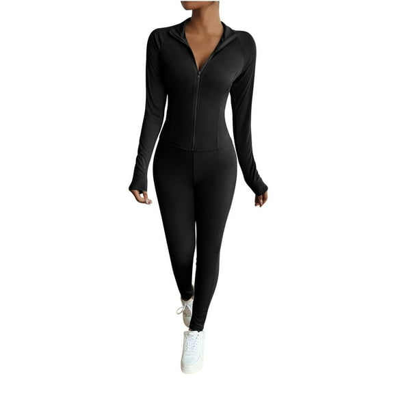 GigrtiJin Long Sleeve Jumpsuits for Women Ribbed One Piece Casual Yoga Workout Zip Front Bodycon Legging with Thumbhole
