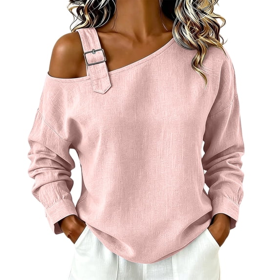 GigrtiJin Long Sleeve Shirts for Women Fall Trendy Cold Shoulder Tops Cotton Linen Loose Casual Outdoor Pullover T Shirts
