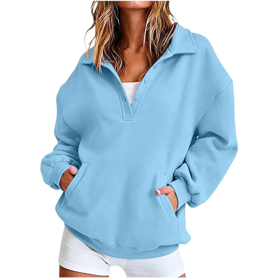 GigrtiJin Long Sleeve Sweatshirts for Women Collared V Neck Pullover Sweatshirts Button up Loose Sweatshirts with Pockets