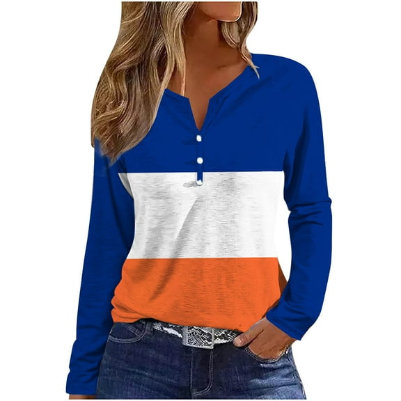 GigrtiJin Long Sleeve Tunic Tops for Women V Neck Button down Casual Color Block Blouse Comfy Loose Pullover Shirts