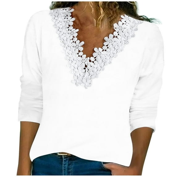 GigrtiJin Long Sleeve V Neck Tops for Womens Lace Trim Solid Color Pullover Shirts Casual Going out Trendy Blouses