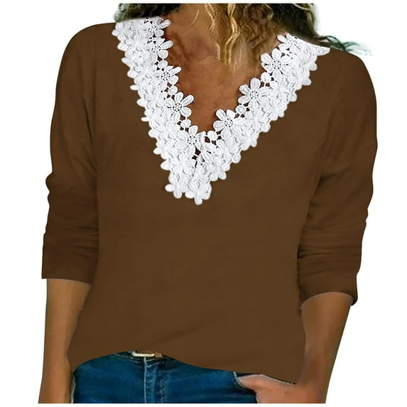 GigrtiJin Long Sleeve V Neck Tops for Womens Lace Trim Solid Color Pullover Shirts Casual Going out Trendy Blouses