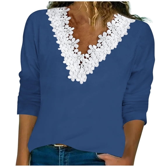 GigrtiJin Long Sleeve V Neck Tops for Womens Lace Trim Solid Color Pullover Shirts Casual Going out Trendy Blouses