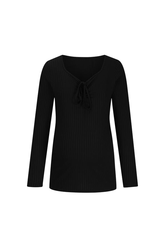 Maternity Casual Nursing Blouse Solid Color Ribbed Square Neck Long Sleeve Pleated Tops with String Pregnant Loose Tunic