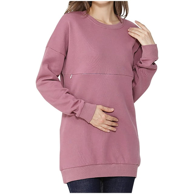 GigrtiJin Maternity Cotton Nursing Tops Solid Color Crew Neck Long Sleeve Breastfeeding Blouse Loose Comfortable Shirt