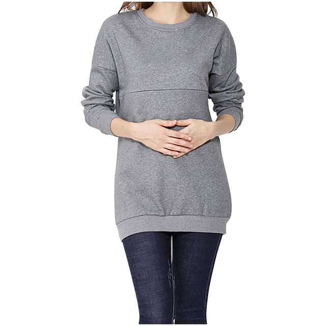 GigrtiJin Maternity Cotton Nursing Tops Solid Color Crew Neck Long Sleeve Breastfeeding Blouse Loose Comfortable Shirt