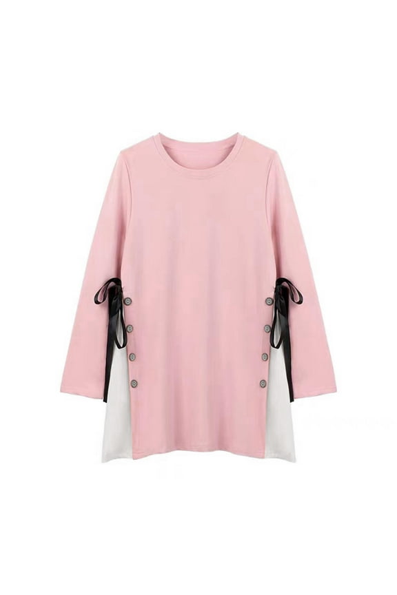 Maternity Cotton Tunic Solid Color Round Neck Long Sleeve Slit Button Tie Tops Casual Comfy Nursing Blouse