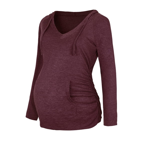 GigrtiJin Maternity Hoodies Solid Color Drawstring V Neck Long Sleeve Hooded Tops with Ppocket Postpartum Nursing Blouse