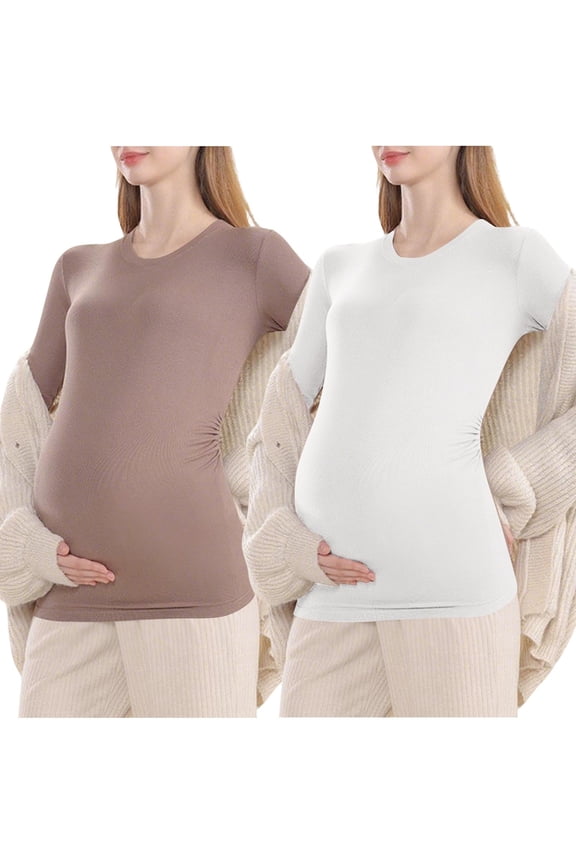 Maternity Multipack Nursing Tops Solid Color Crew Neck Long Sleeve Pregnancy Shirt Basic Postpartum Blouse 2 Pack