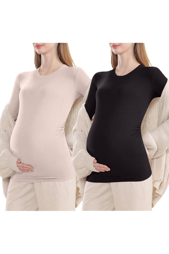Maternity Multipack Nursing Tops Solid Color Crew Neck Long Sleeve Pregnancy Shirt Basic Postpartum Blouse 2 Pack