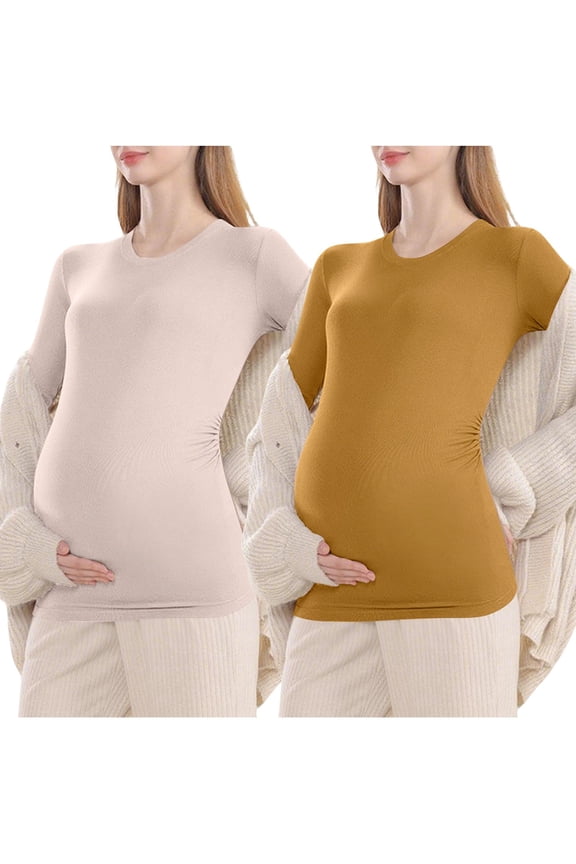Maternity Multipack Nursing Tops Solid Color Crew Neck Long Sleeve Pregnancy Shirt Basic Postpartum Blouse 2 Pack