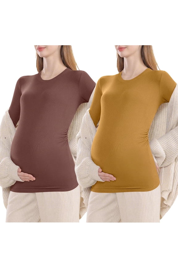 Maternity Multipack Nursing Tops Solid Color Crew Neck Long Sleeve Pregnancy Shirt Basic Postpartum Blouse 2 Pack