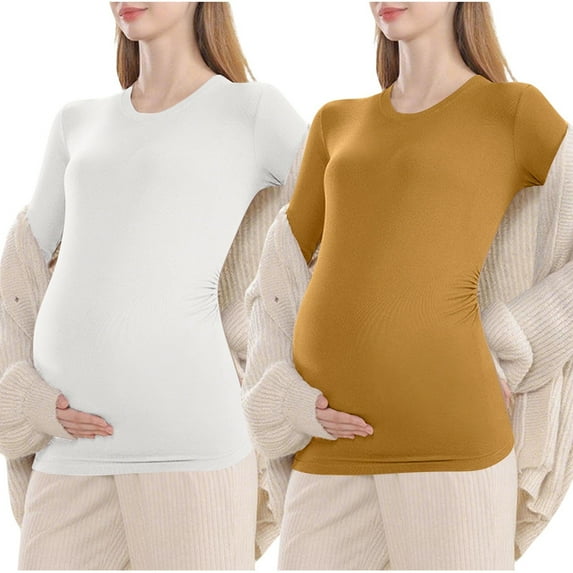 GigrtiJin Maternity Multipack Nursing Tops Solid Color Crew Neck Long Sleeve Pregnancy Shirt Basic Postpartum Blouse 2 Pack