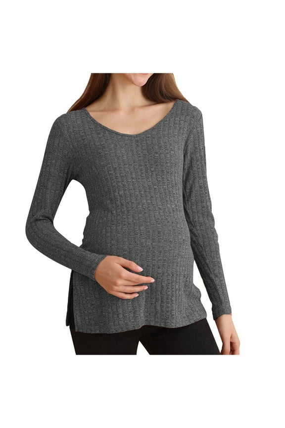 Maternity's Knit Tops Solid Color V Neck Long Sleeve Ribbed Slit Blouse Loose Casual Postpartum Tunic