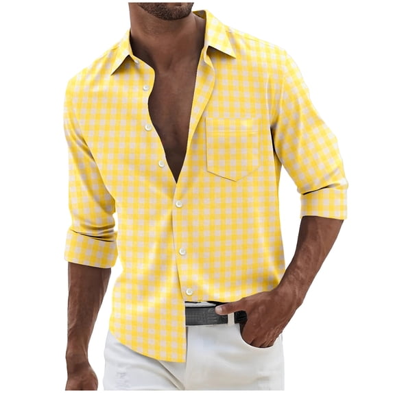 GigrtiJin Men Beach Shirt Plaid Printed 3/4 Sleeve Lapel Button Tops with Chest Pocket Trendy Casual Vacation Blouse