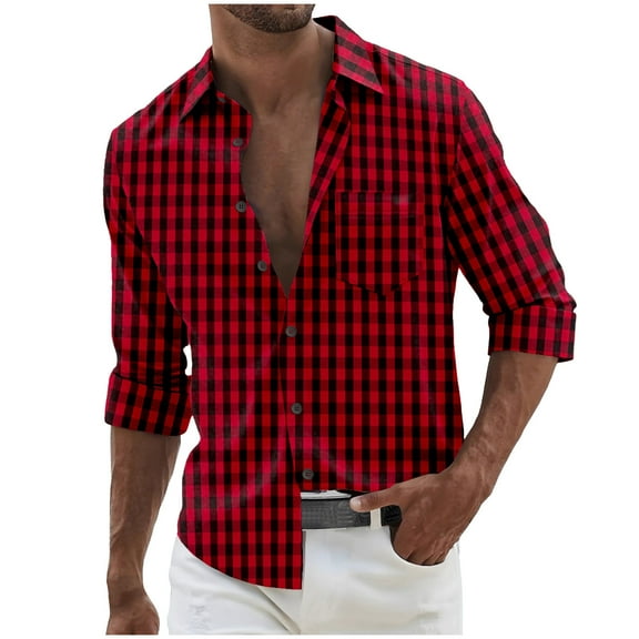 GigrtiJin Men Beach Shirt Plaid Printed 3/4 Sleeve Lapel Button Tops with Chest Pocket Trendy Casual Vacation Blouse