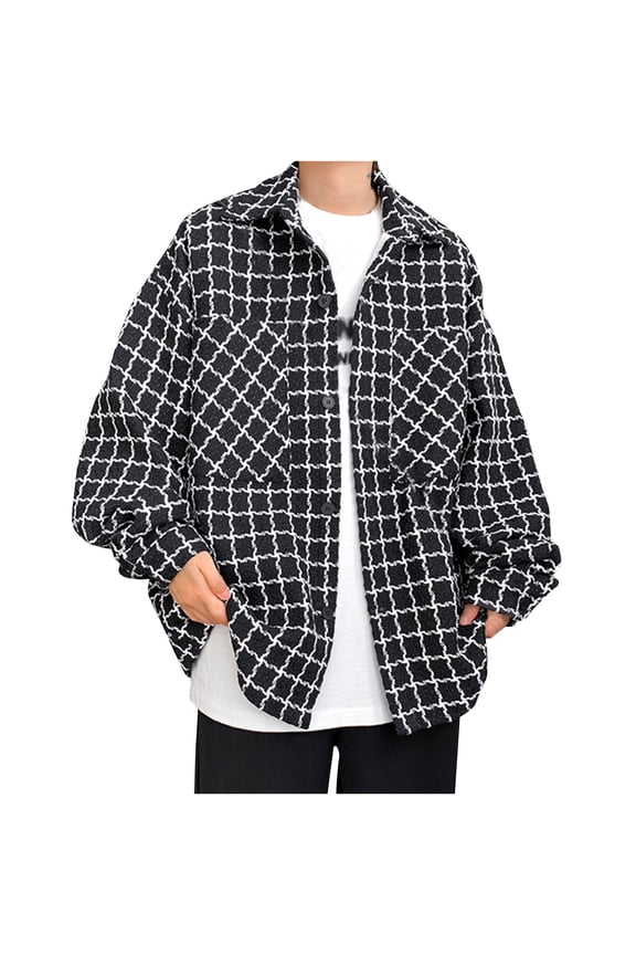 Men Plus Size Cotton Jacket Checkered Printed Button down Lapel Coats Long Sleeved Casual Jackets with Pocket