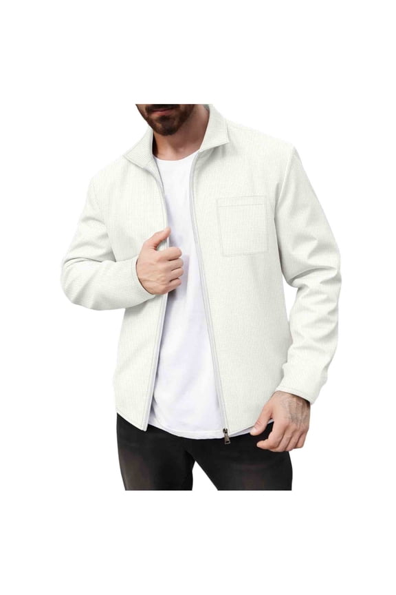 Men Ribbed Sport Jacket Solid Color Lapel Full Zip Long Sleeve Tunic Tops with Chest Pocket Trendy Cardigan Outcoat