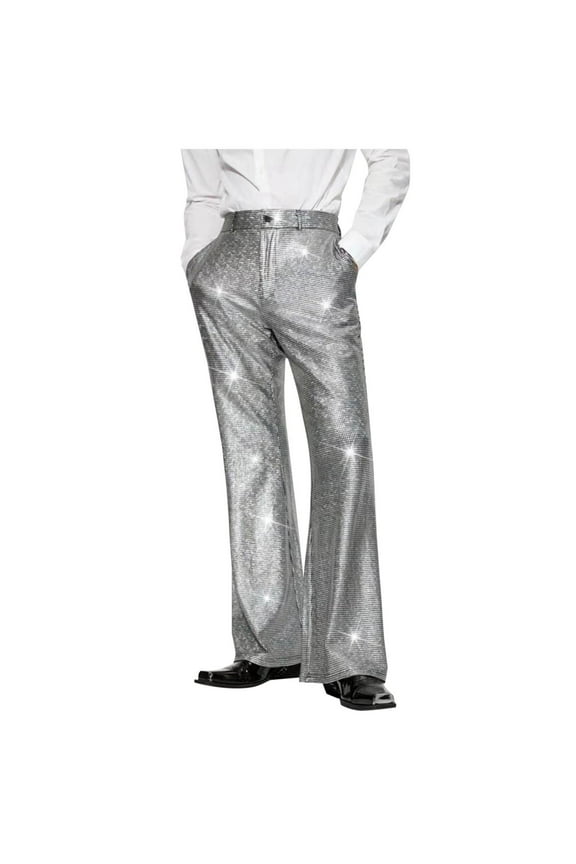 Men Sparkly Suit Pants Solid Color Elastic Waisted Wide Leg Pants with Pocket Elegant Dress Pants
