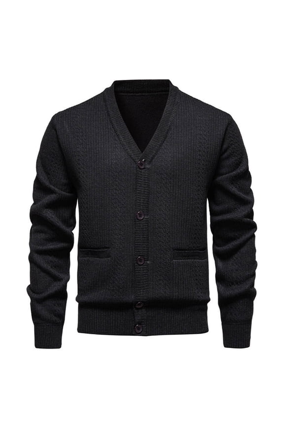 Men Sweater Outcoat Solid Color Cable Knitting V Neck Button Down Long Sleeve Jacket Casual Thermal Pullover Tops