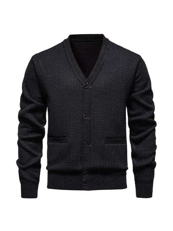 Men Sweater Outcoat Solid Color Cable Knitting V Neck Button Down Long Sleeve Jacket Casual Thermal Pullover Tops