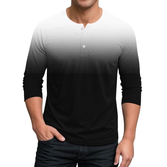 GigrtiJin Men's 3/4 Sleeve Shirt Gradient Color Crew Neck Button Up Pullover Blouse Casual Activewear Tops