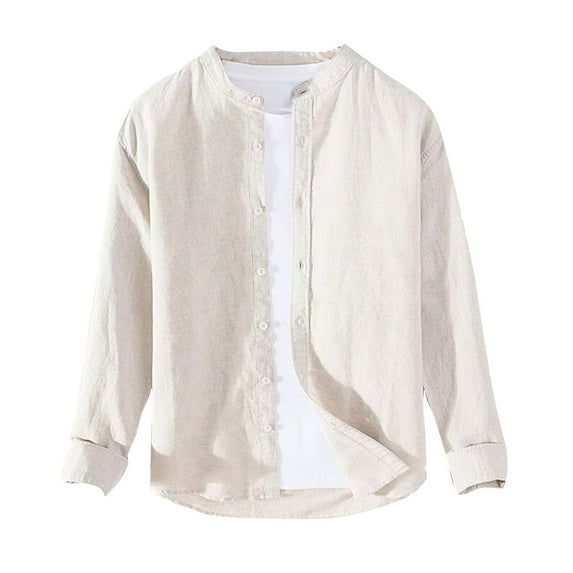 GigrtiJin Men's Cardigan Shirt Casual Vintage Long Sleeve Button down Collarless Jackets Solid Color Comfy Loose Coat