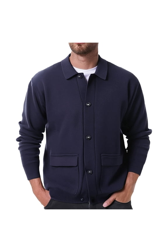 Men's Casual Knitted Cardigan Sweaters Long Sleeves Collar Button down Solid Color Sweater Coats with Pockets