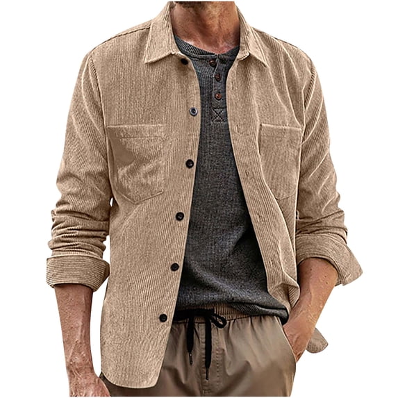GigrtiJin Men's Corduroy Blouse Solid Color 3/4 Sleeve Turndown Collar Button Tops with Pocket Outdoor Casual Tunic