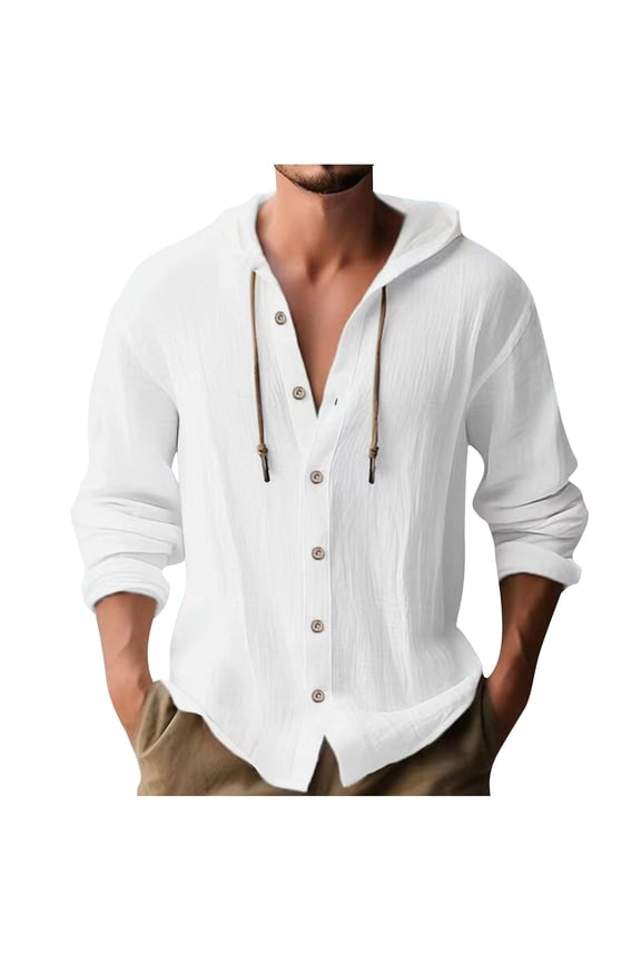 Men's Cotton Linen Button Down Hoodies Solid Color Drawstring Hooded Sweatshirt Long Sleeve Casual Blouse Shirts